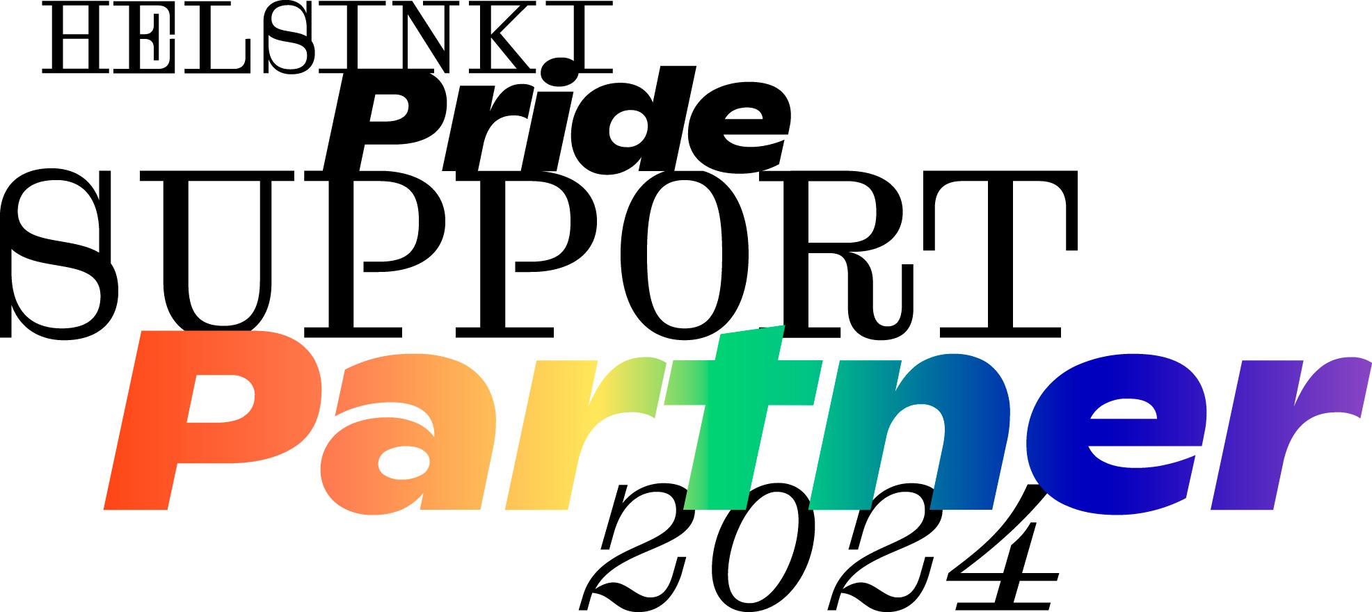 Helsinki Priden kumppanilogo, jossa lukee "Helsinki Pride Support Partner 2024".