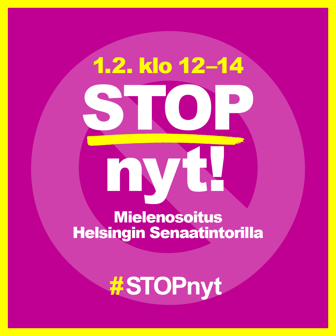 STOP nyt! -logo, jonka päällä 1.12. klo 12-14 ja alla teksti Mielenosoitus Helsingin Senaatintorilla.