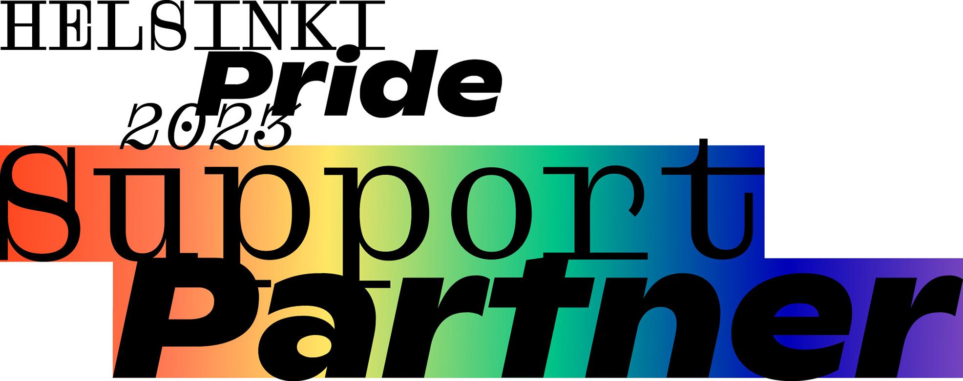 Sateenkaarivärisellä taustalla teksti "Helsinki Pride 2023 Support Partner".