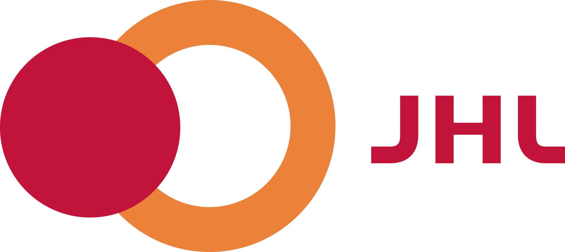 JHL:n logo, jossa on hiukan limittäin pienempi punainen ympyrä ja isompi oranssi ympyrä ja niiden vieressä teksti JHL.