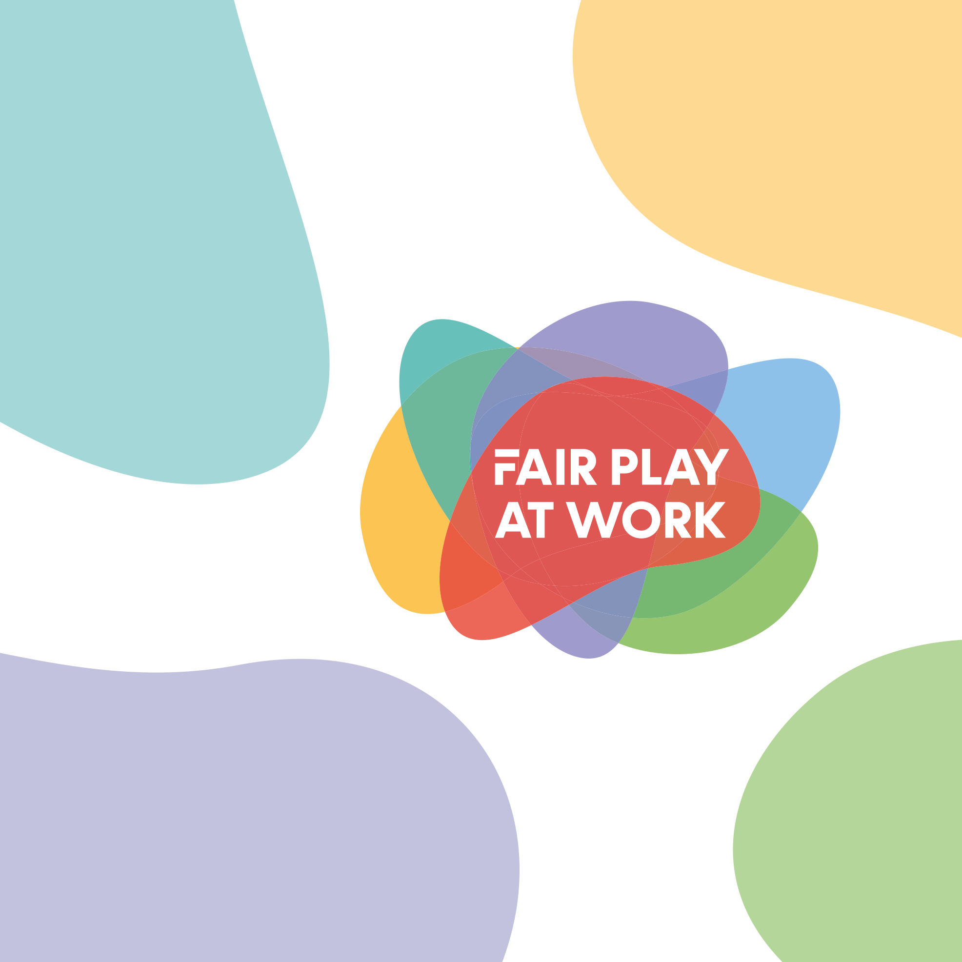 Monivärinen Fair play at work -logo värillisten pintojen ympäröimänä.