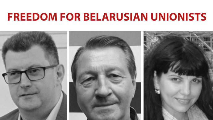 Valko-Venäjän ammattiliittojen kongressin BKDP:n presidentti Aliaksandr Yarashuk, varapresidentti Siarhei Antusevich ja Iryna But-Husaim. Kuvan päällä teksti "Free Belarusian unionists"
