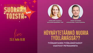 Suoraan töistä -lähetyksen keskustelijat Karoliina Huovila ja Mikko Nykänen
