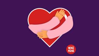 Piirroskuva, jossa sydäntä halaa kaksi kättä. Kuvan alalaidassa Nenäpäivän logo, jossa punaisessa ympyrässä teksti Nenäpäivä.