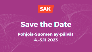 Violetilla taustalla SAK:n logo ja teksti "Save the date Pohjois-Suomen ay-päivät 4.–5.11.2023".