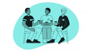 Piirroskuva: Kolme työntekijää istuu penkillä kahvikupit käsissään.