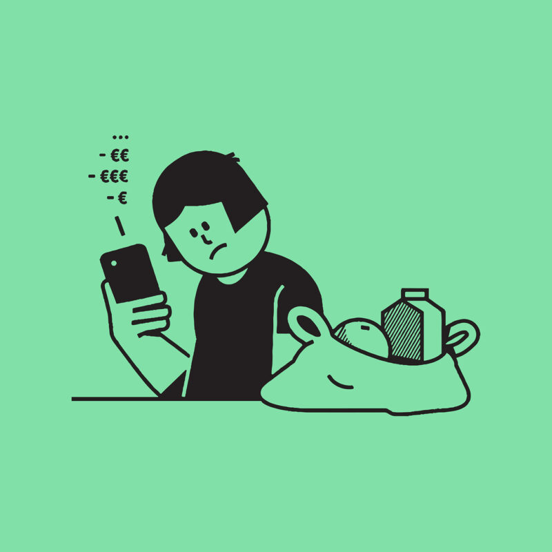 Illustration av en person som oroligt kastar en blick på sin telefon bredvid en nästan tom shoppingkasse.