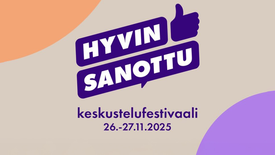 Hyvin sanottu -logo, jonka alla teksti "keskustelufestivaali 26.–27.11.2025",