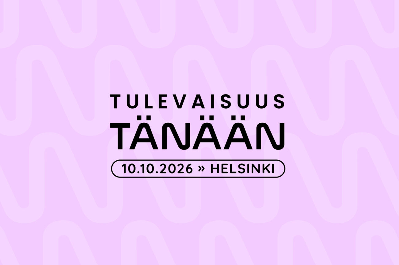 Violetilla taustalla tekstit "Tulevaisuus tänään 10.10.2026 Helsinki".