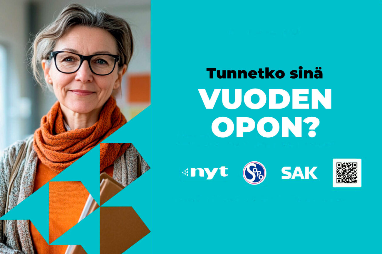 Kuva silmälasipäisestä henkilöstä, jolla on kaulahuivi, ja vieressä teksti "Tunnetko sinä vuoden opon?".