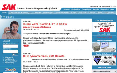 Kuvakaappaus SAK.fi-palvelun etusivusta 16.4.2004.
