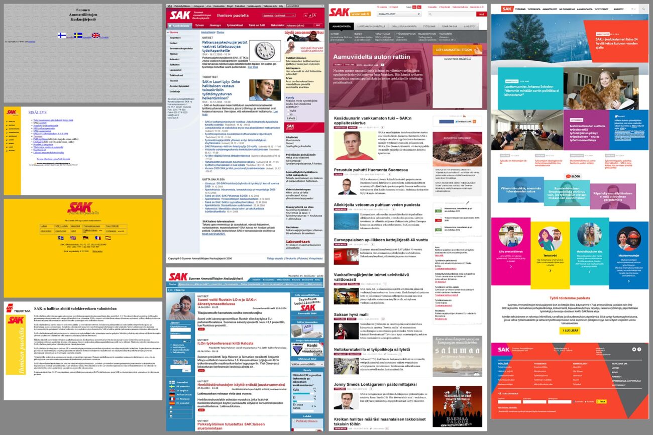 Kuvakaappauksia SAK:n verkkopalvelusta vuosilta 1996–2019.