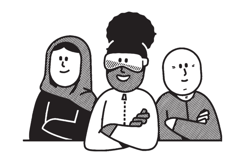 Kolme piirroshahmoa nojaa pöytään kädet ristissä.