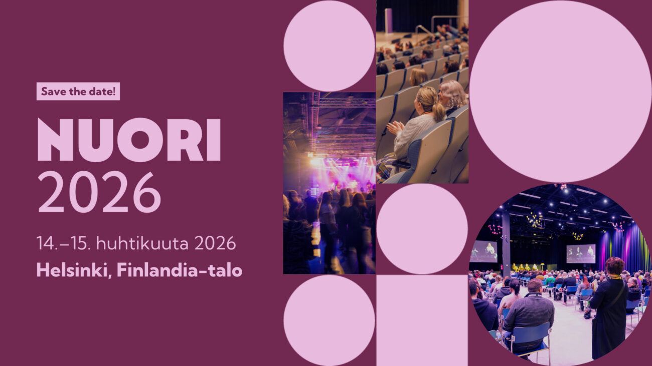 Kuvia Finlandia-talon sisätiloista ja teksti "Save the date! Nuori 2026 14.–15. huhtikuuta 2026, Helsinki, Finlandia-talo".
