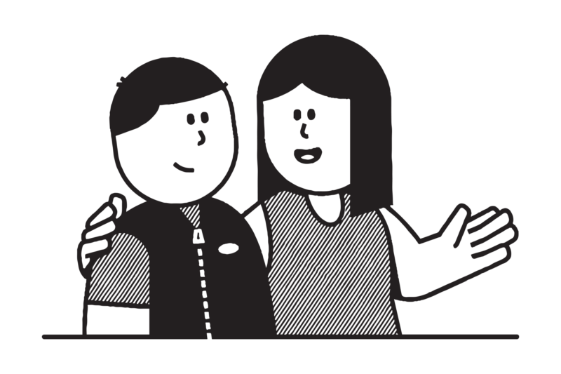 Piirroskuvassa työkaveri pitää kättään toisen olalla.