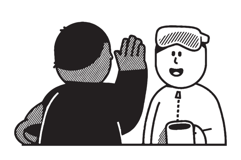 Piirroskuvassa työkaverit tervehtivät toisiaan.