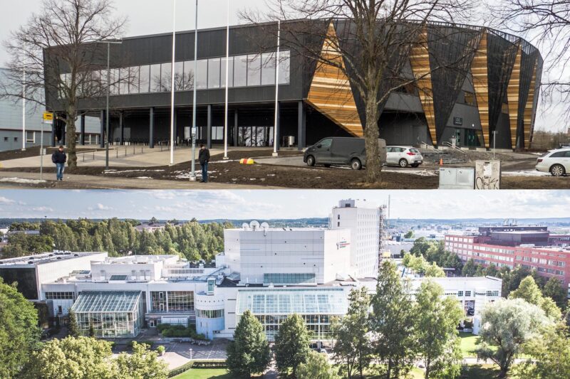 Kuvakollaasi, jossa ylempänä ulkokuva Kupittaan palloiluhallissa ja alempana ulkokuva Tampere-talosta.