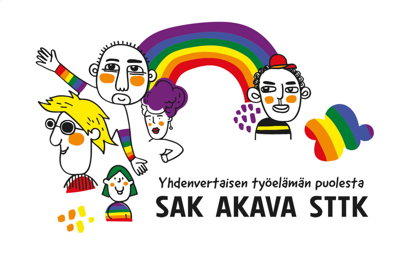 Värikkäitä piirroshahmoja ja pride-sateenkaari sekä teksti "Yhdenvertaisen työelämän puolesta SAK Akava STTK".