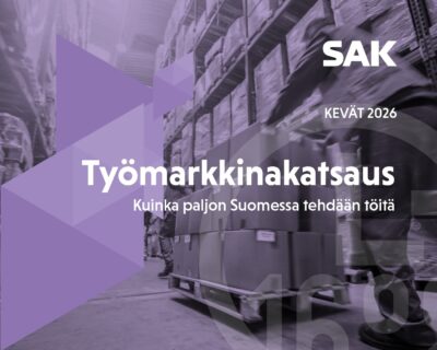 Kuvassa on julkaisun kansi. Kuvituskuvan päällä teksti Työmarkkinakatsaus. Kuinka paljon Suomessa tehdään töitä?