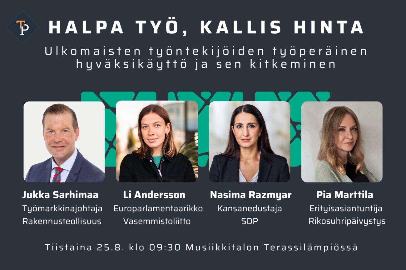Mainoskuva Halpa työ, kallis hinta -julkaisutilaisuuden puhujista