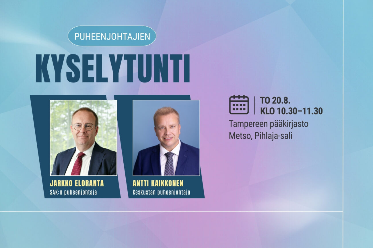 Valokuvat Jarkko Elorannasta ja Antti Kaikkosesta ja niiden yllä teksti "Puheenjohtajien kyselytunti" ja vieressä teksti "To 20.8. klo 10.30–11.30 Tampereen pääkirjasto Metso, Pihlaja-sali".